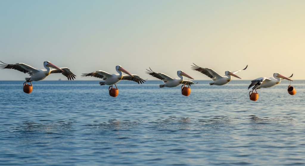 Cross-bay delivery service, courtesy AI. Note the 2nd pelican has enlisted the 1st pelican's service. A line of pelicans carry clay mugs over the water.